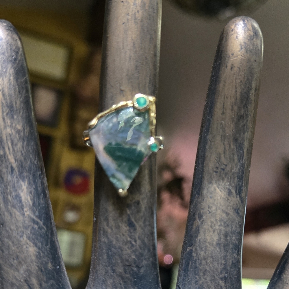 Moss Agate & Green Onyx Natural Gemstone Sterling & Gold Ring Sz7.5 - Picture 5 of 11